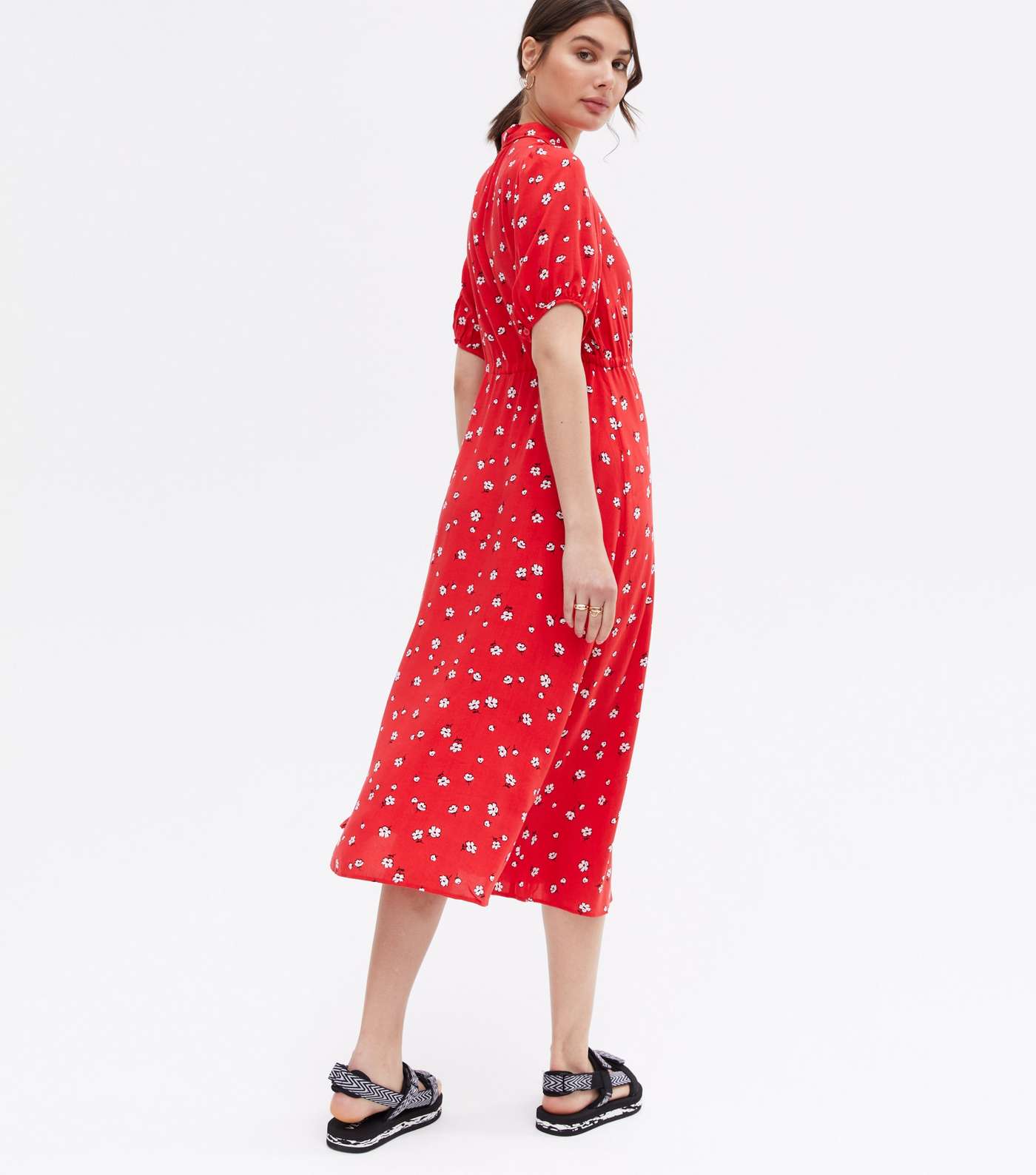 Red Ditsy Floral Tie Waist Midi Shirt Dress Image 4