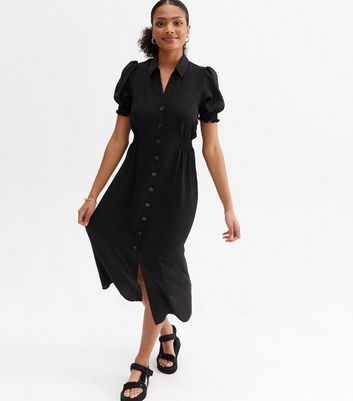 Black Button Front Midi Shirt Dress 