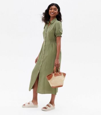 Khaki Button Front Midi Shirt Dress 