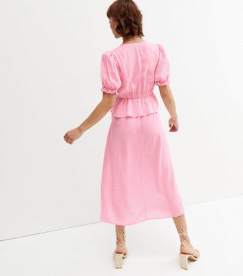 Damen Bekleidung Pink Floral Frill Midi Wrap Dress