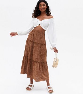 Click to view product details and reviews for Brown Spot Tiered Midi Skirt New Look.