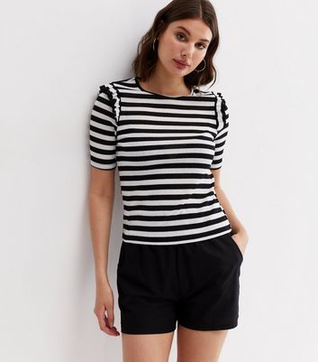 White Stripe Fine Knit Frill Short Sleeve Top New Look