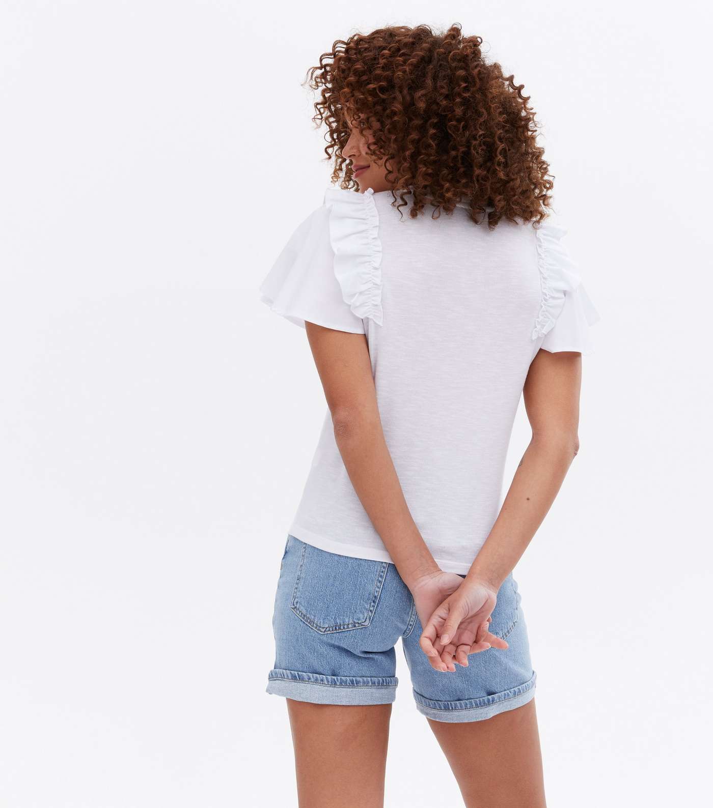 White Fine Knit Poplin Frill Sleeve T-Shirt Image 4