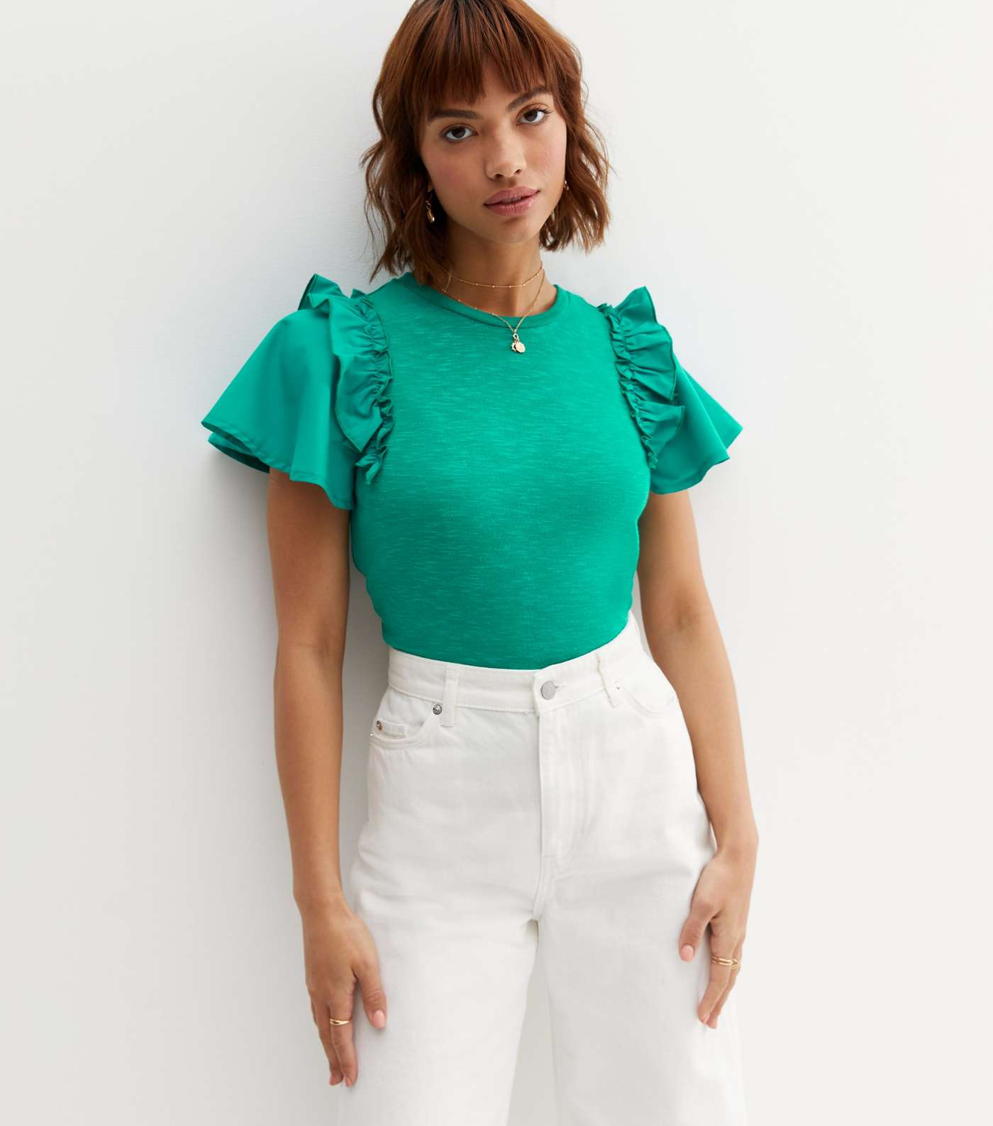 Green Fine Knit Poplin Frill Sleeve T-Shirt Image 2