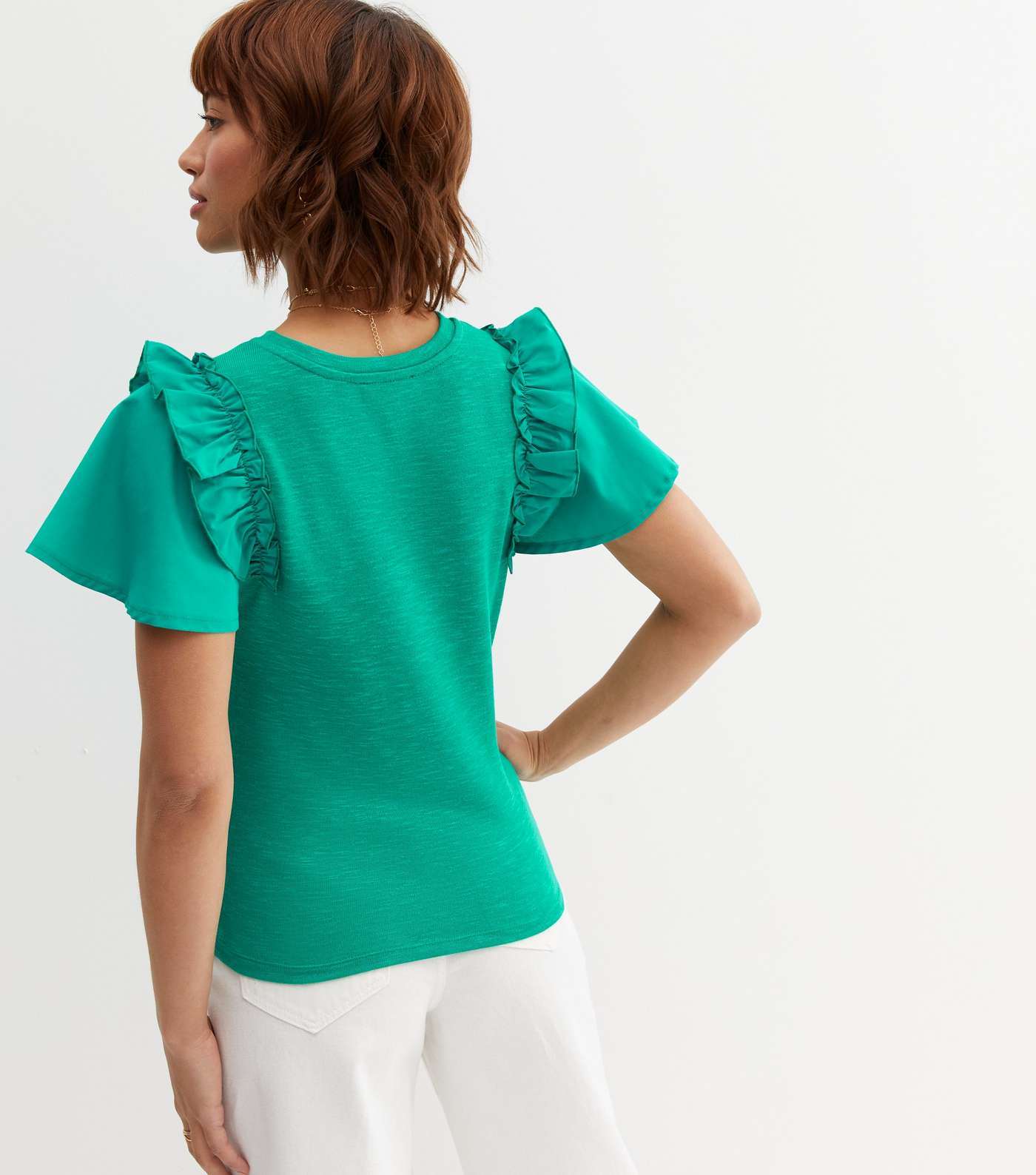 Green Fine Knit Poplin Frill Sleeve T-Shirt Image 4