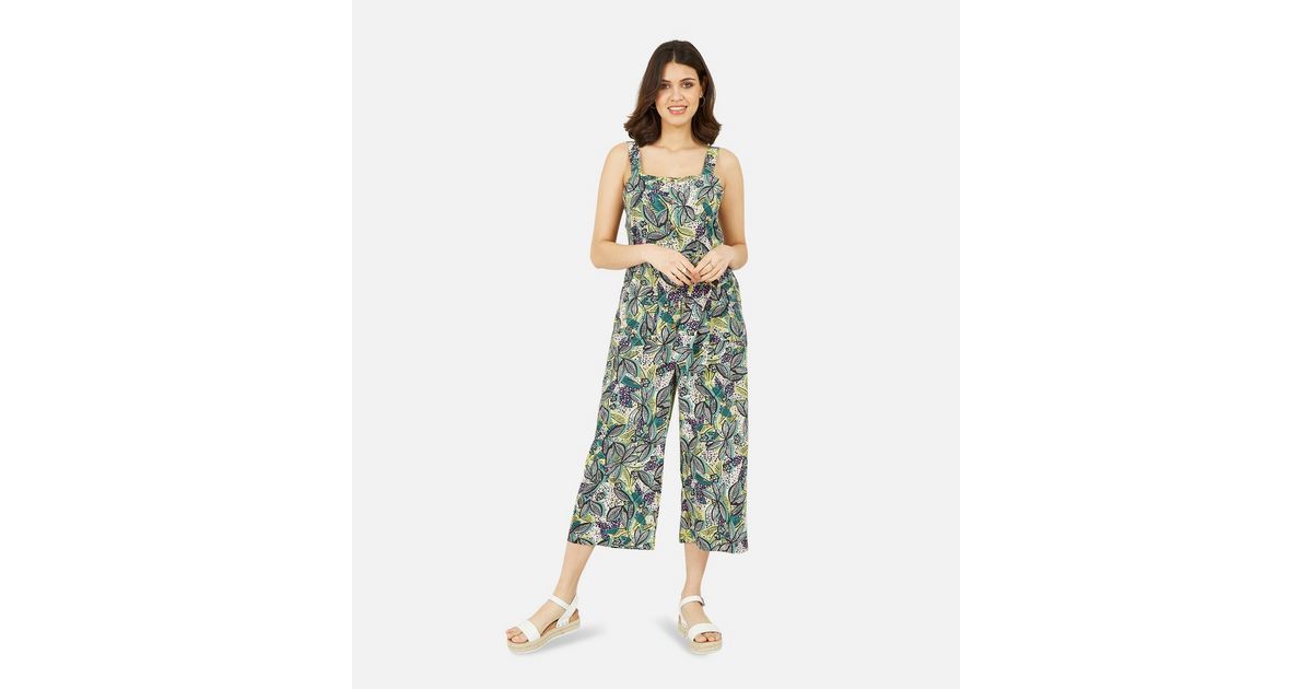Yumi Green Leaf Print Crop Jumpsuit New Look