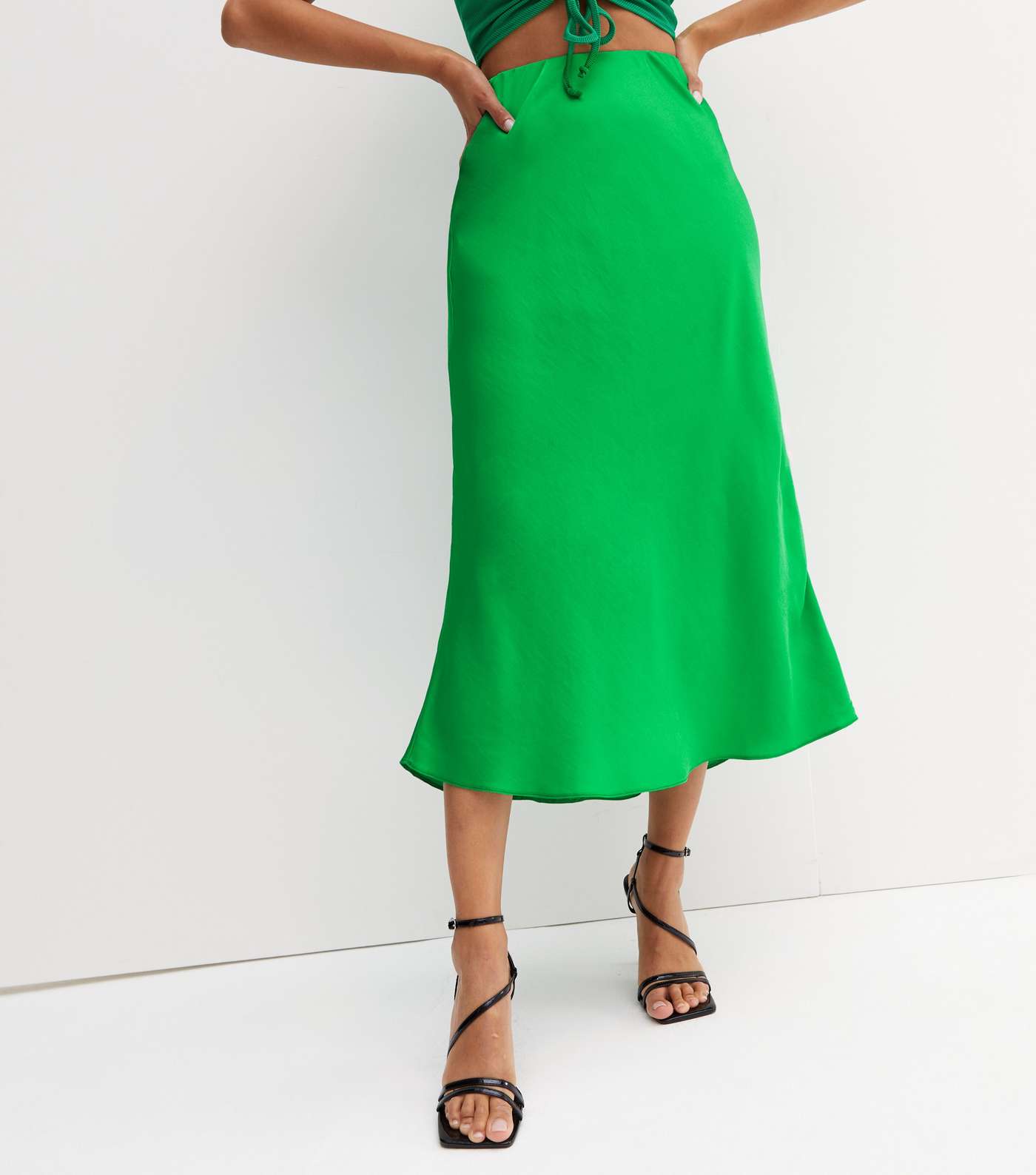 Green Satin Bias Cut Midi Skirt Image 2
