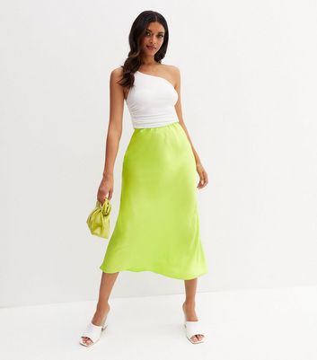 Green Satin Bias Cut Midi Skirt New Look