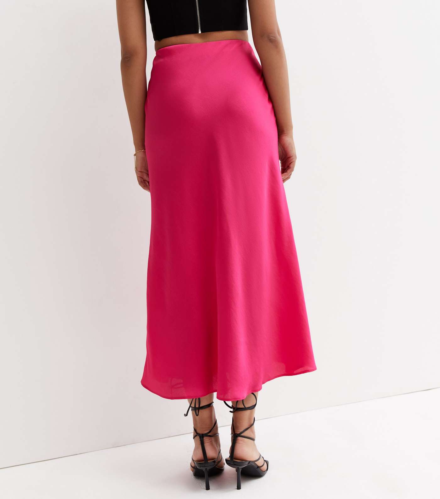 Bright Pink Satin Bias Cut Midi Skirt Image 4