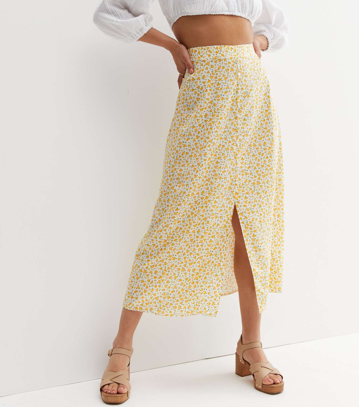 Yellow Ditsy Floral Button Front Midi Skirt Image 2