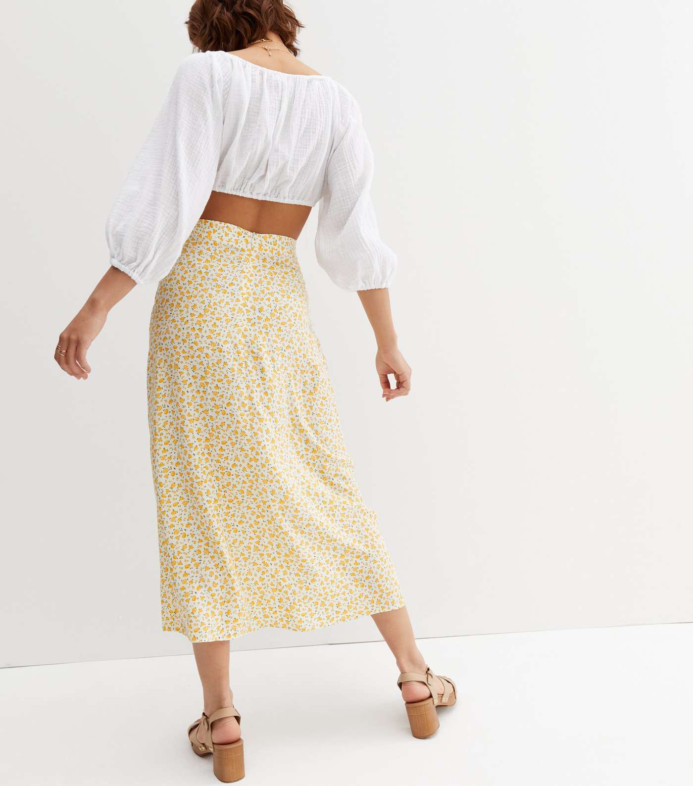 Yellow Ditsy Floral Button Front Midi Skirt Image 4