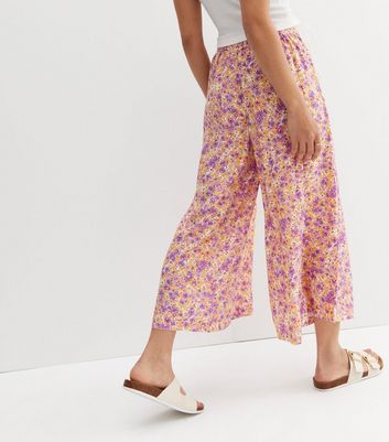Orange Floral Wide Leg Crop Trousers 