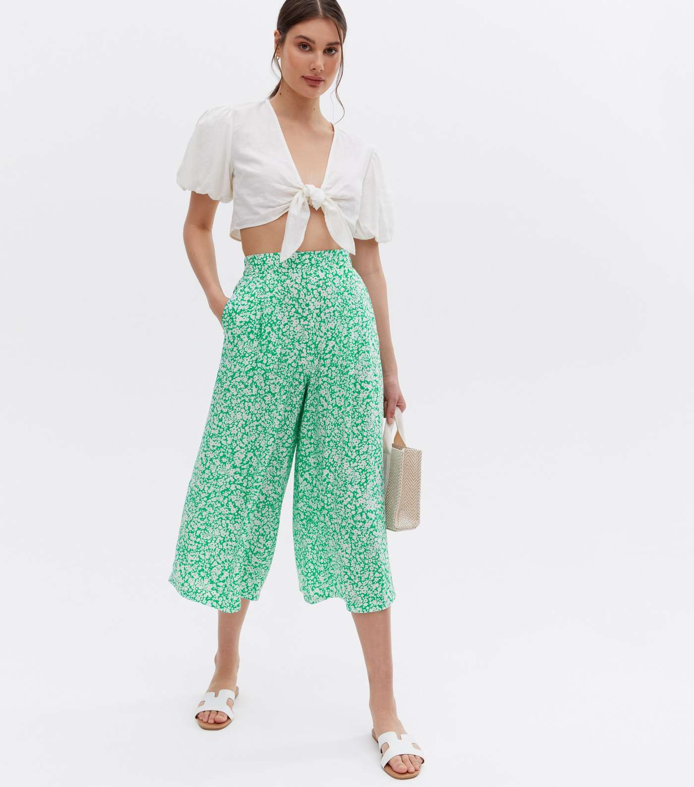 Green Ditsy Floral Crop Trousers