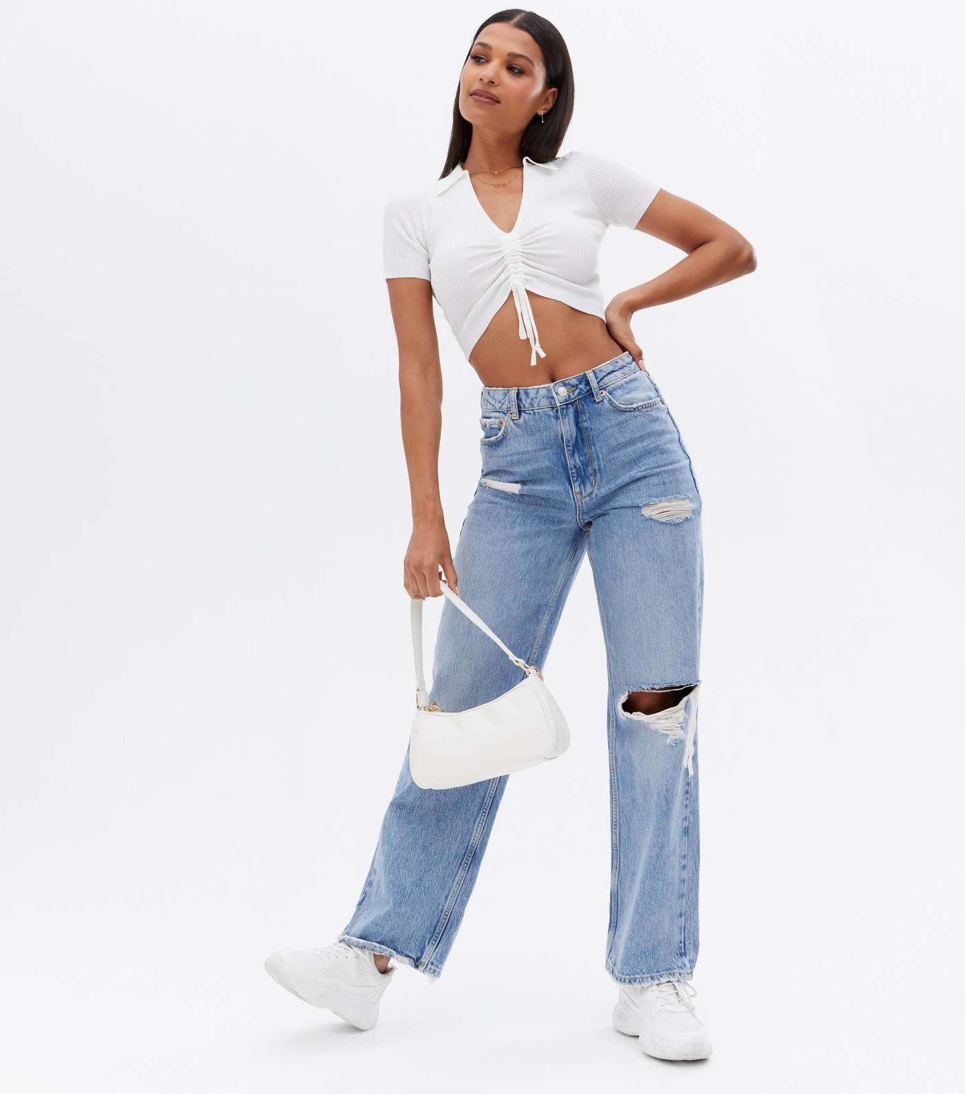White Ribbed Ruched Polo Crop Top Image 2