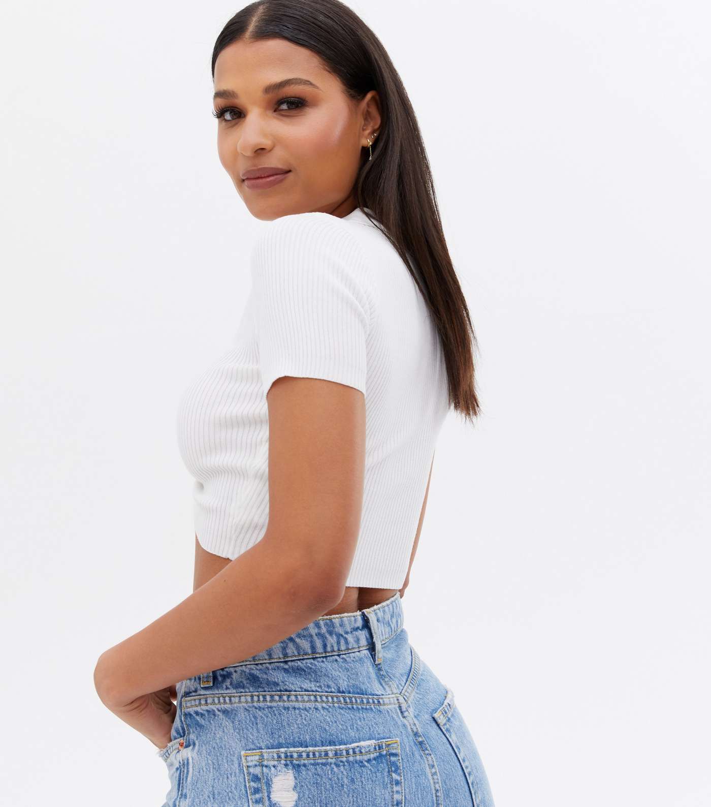 White Ribbed Ruched Polo Crop Top Image 4
