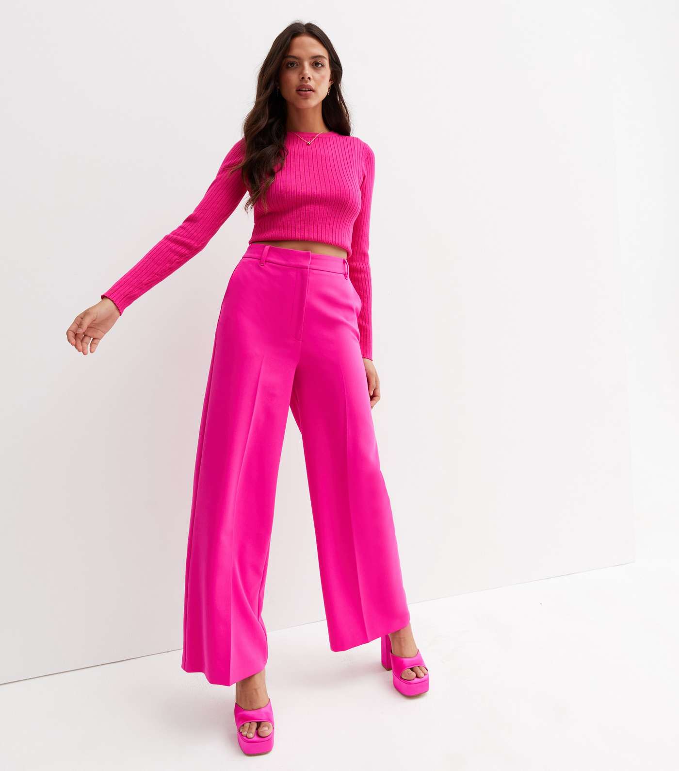 Bright Pink Tailored High Waist Wide Leg Trousers