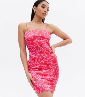 Petite Pink Swirl Satin Strappy Bodycon Mini Dress New Look