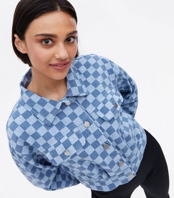 Click to view product details and reviews for Pink Vanilla Blue Denim Checkerboard Crop Jacket New Look.