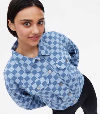 Pink Vanilla Blue Denim Checkerboard Crop Jacket