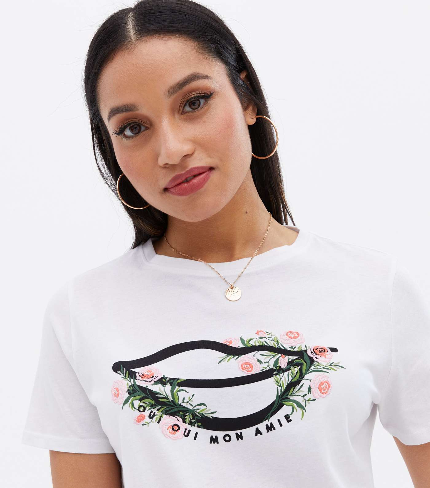 Petite White Floral Lips Mon Amie Logo T-Shirt