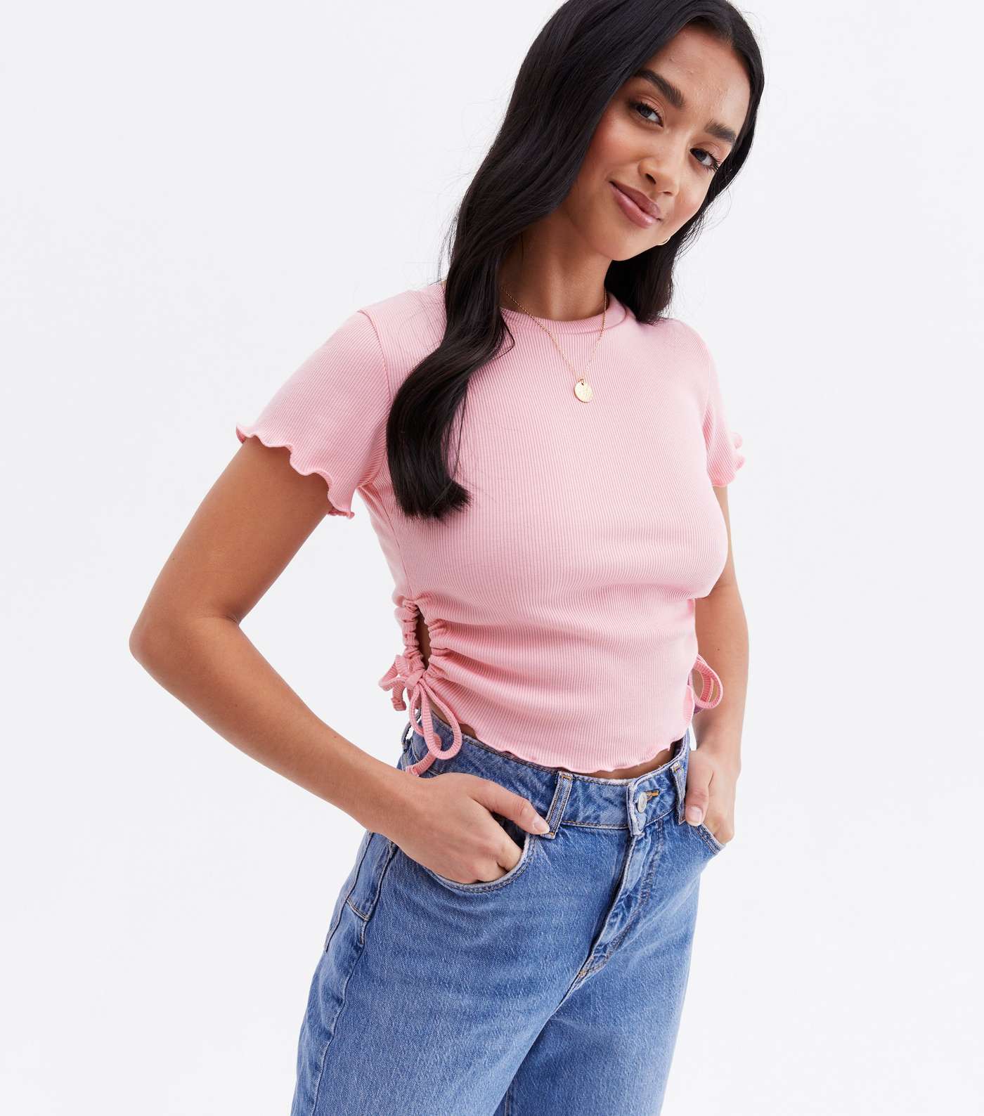 Petite Pale Pink Ruched Cut Out Side Crop T-Shirt