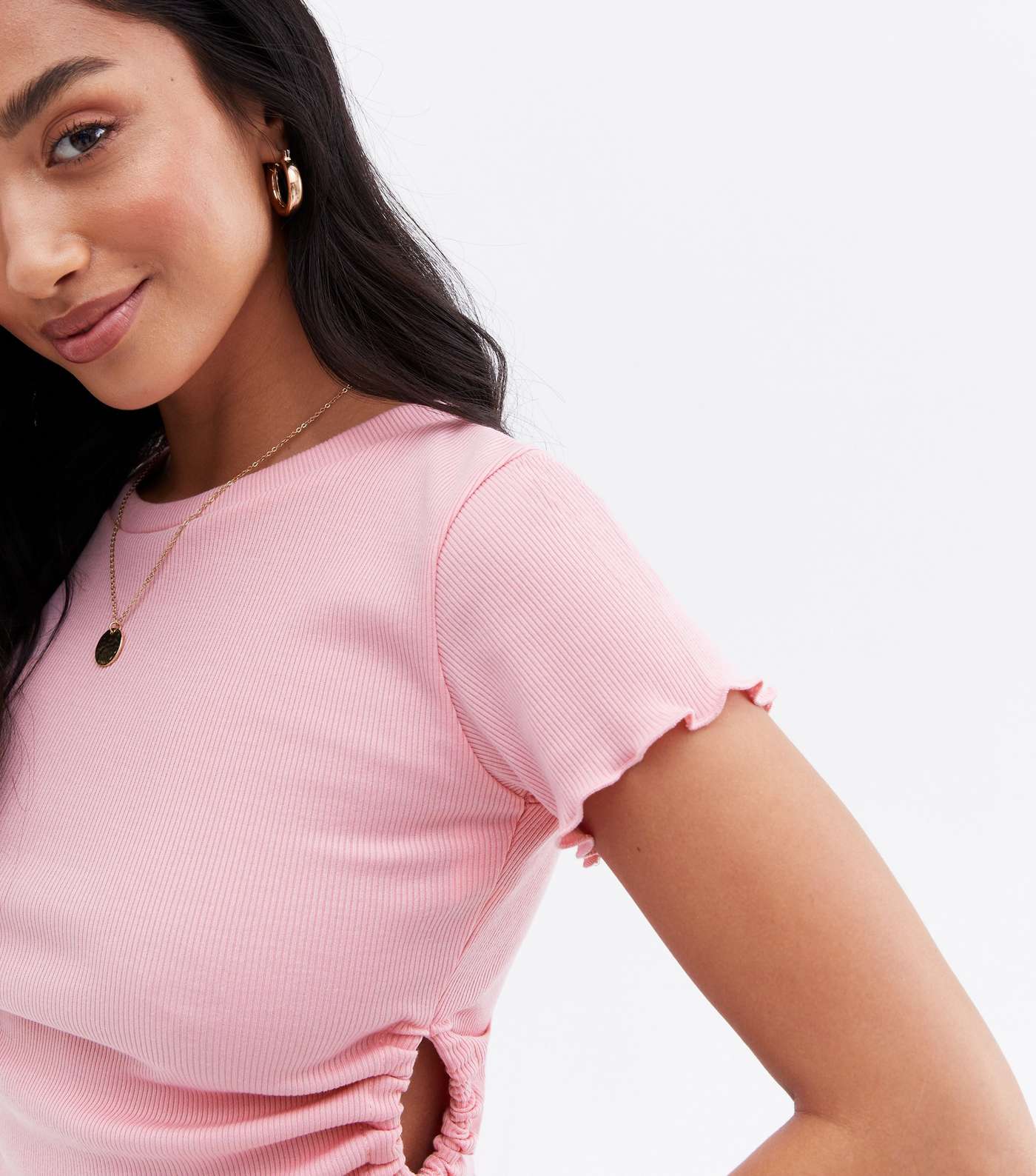 Petite Pale Pink Ruched Cut Out Side Crop T-Shirt Image 3