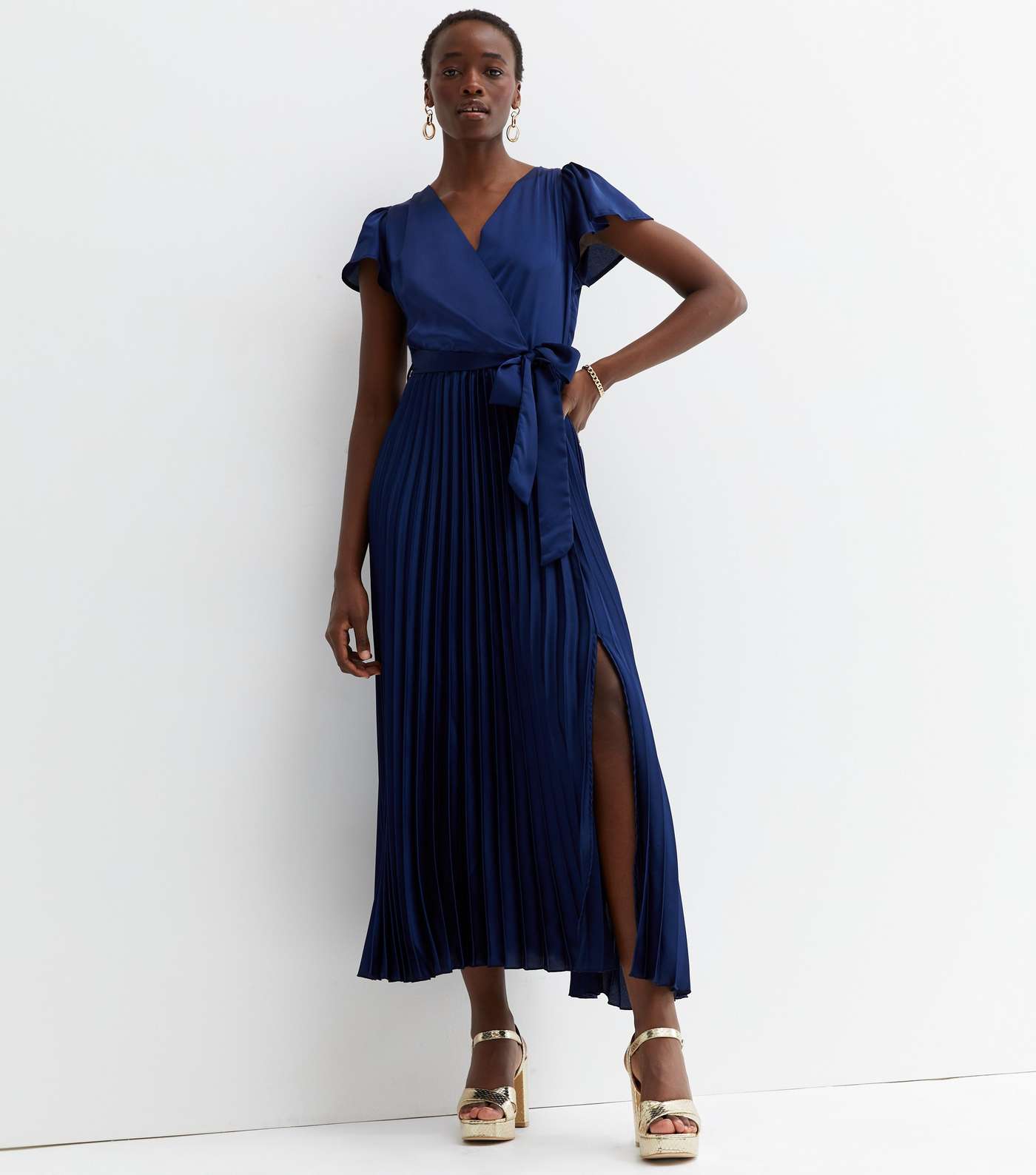 Tall Navy Satin Pleated Belted Midi Wrap Dress | New Look
