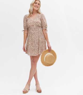 Tall Brown Floral Tie Sleeve V Neck Mini Tea Dress