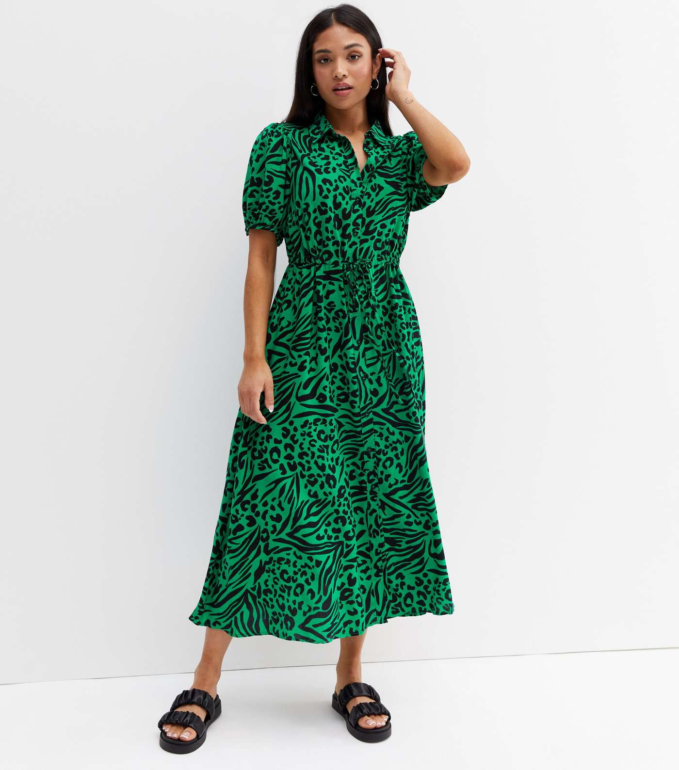 Petite Green Animal Print Puff Sleeve Midi Shirt Dress Image 2