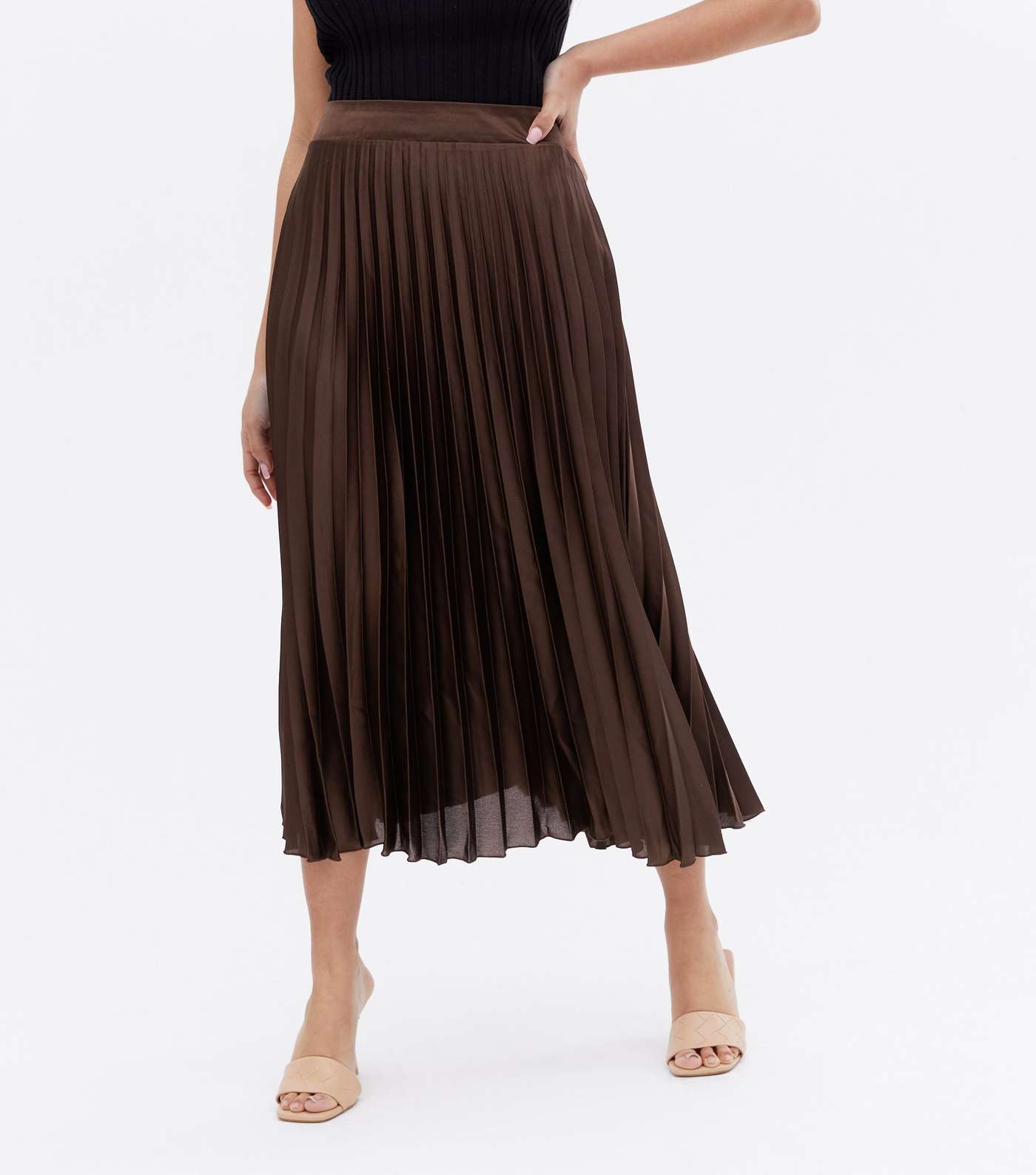 Petite Dark Brown Satin Pleated Midi Skirt Image 2
