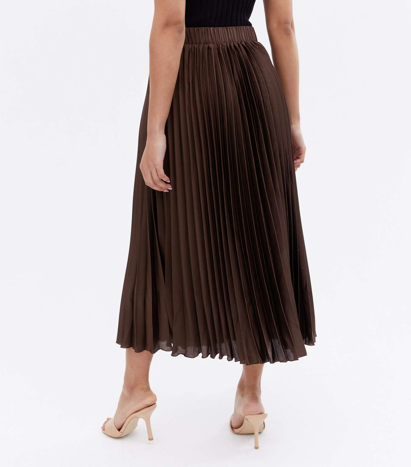 Petite Dark Brown Satin Pleated Midi Skirt Image 4