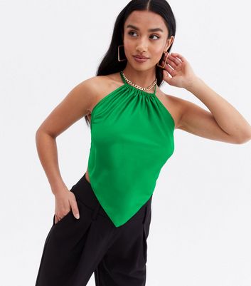 Petite Green Satin Hanky Hem Cami Top New Look