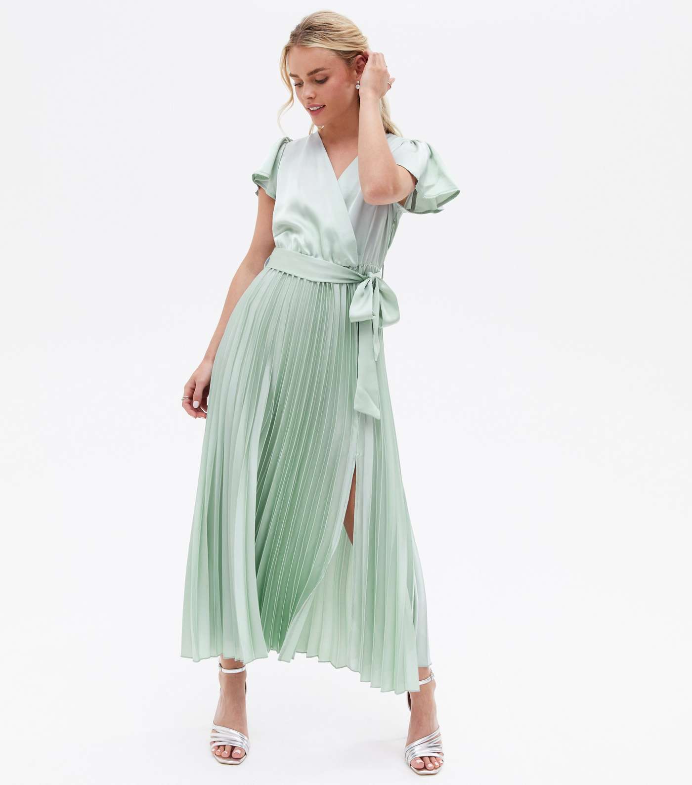Petite Light Green Satin Pleated Belted Midi Wrap Dress Image 3