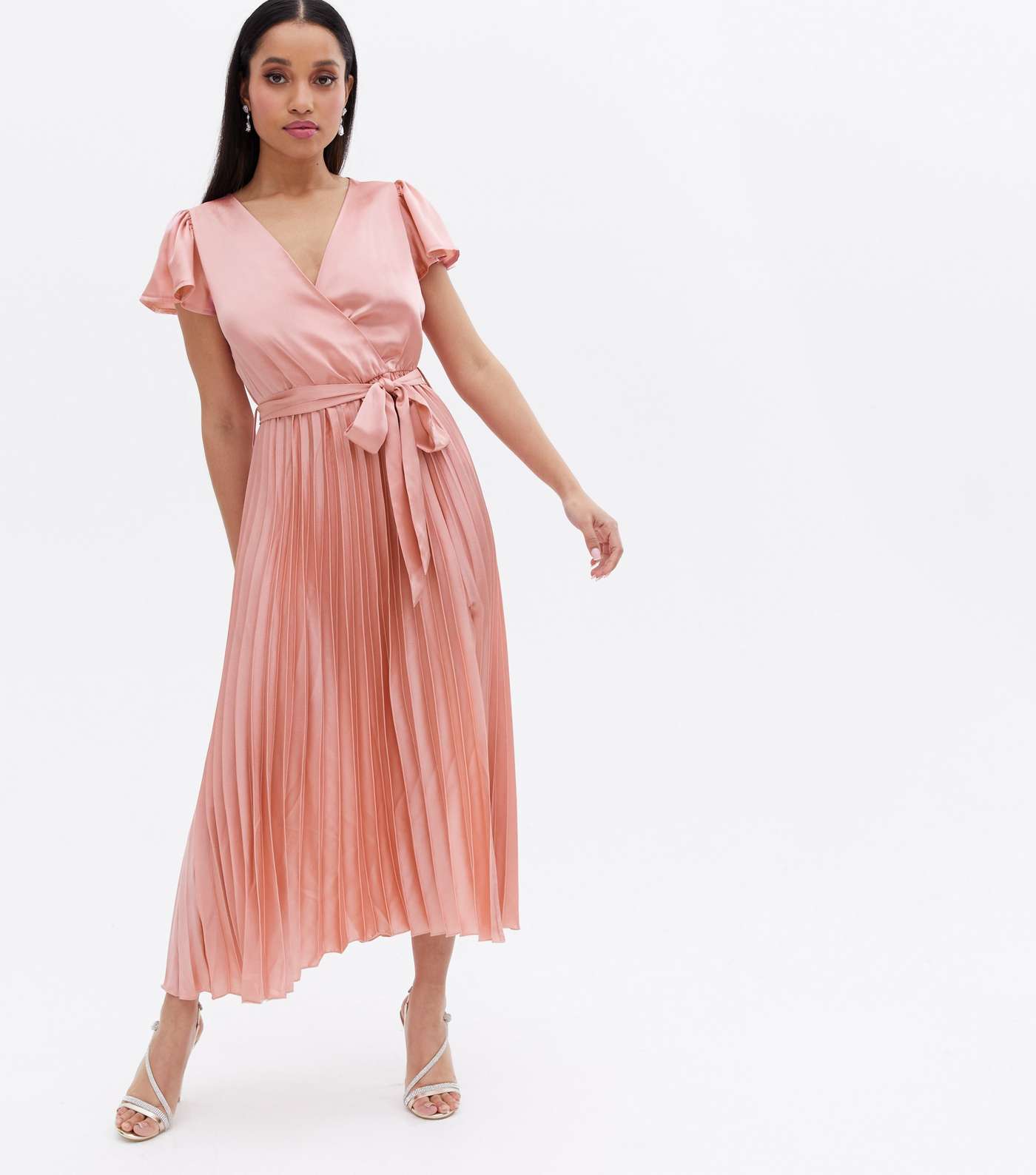 Petite Pale Pink Satin Pleated Belted Midi Wrap Dress