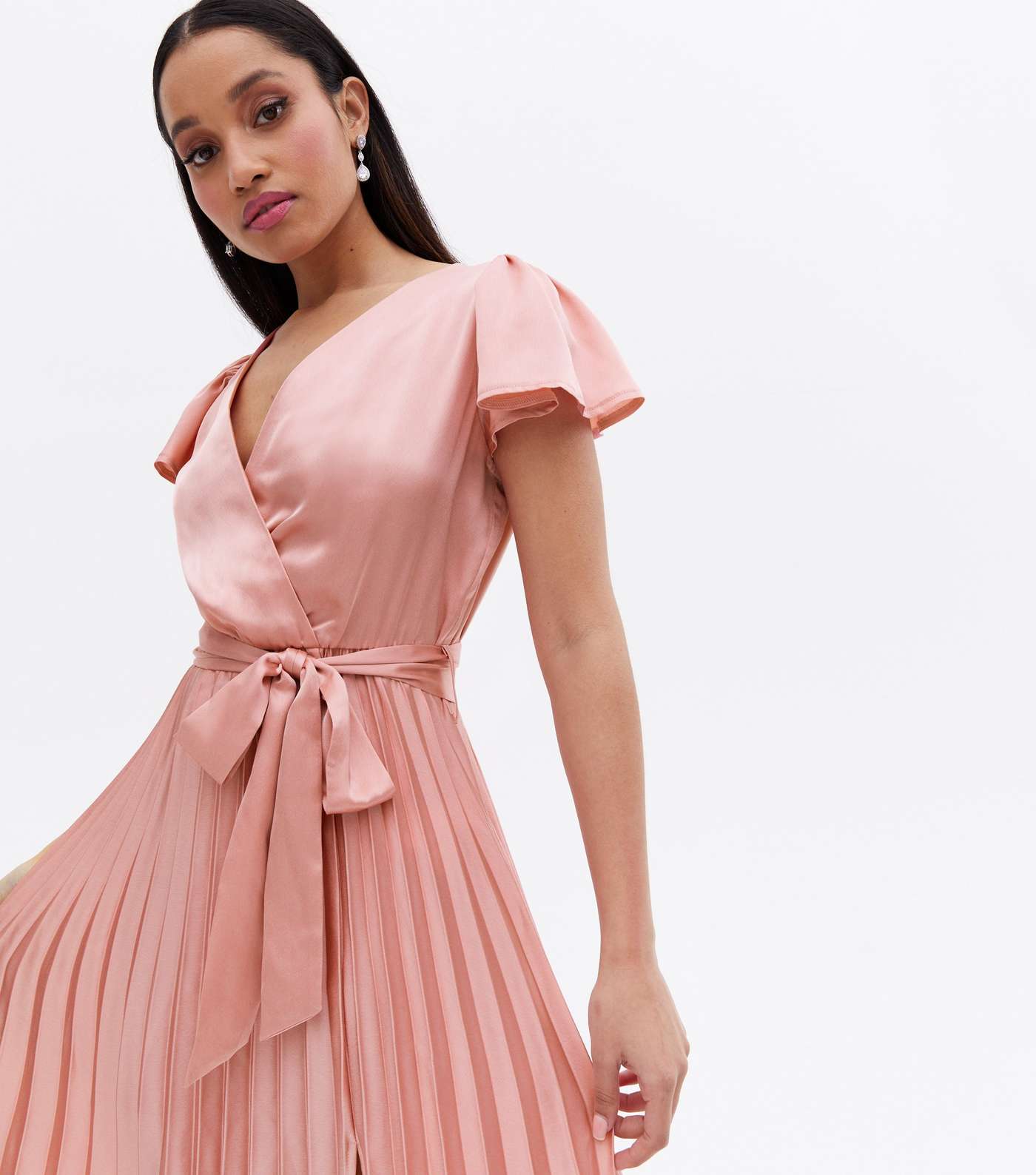 Petite Pale Pink Satin Pleated Belted Midi Wrap Dress Image 3
