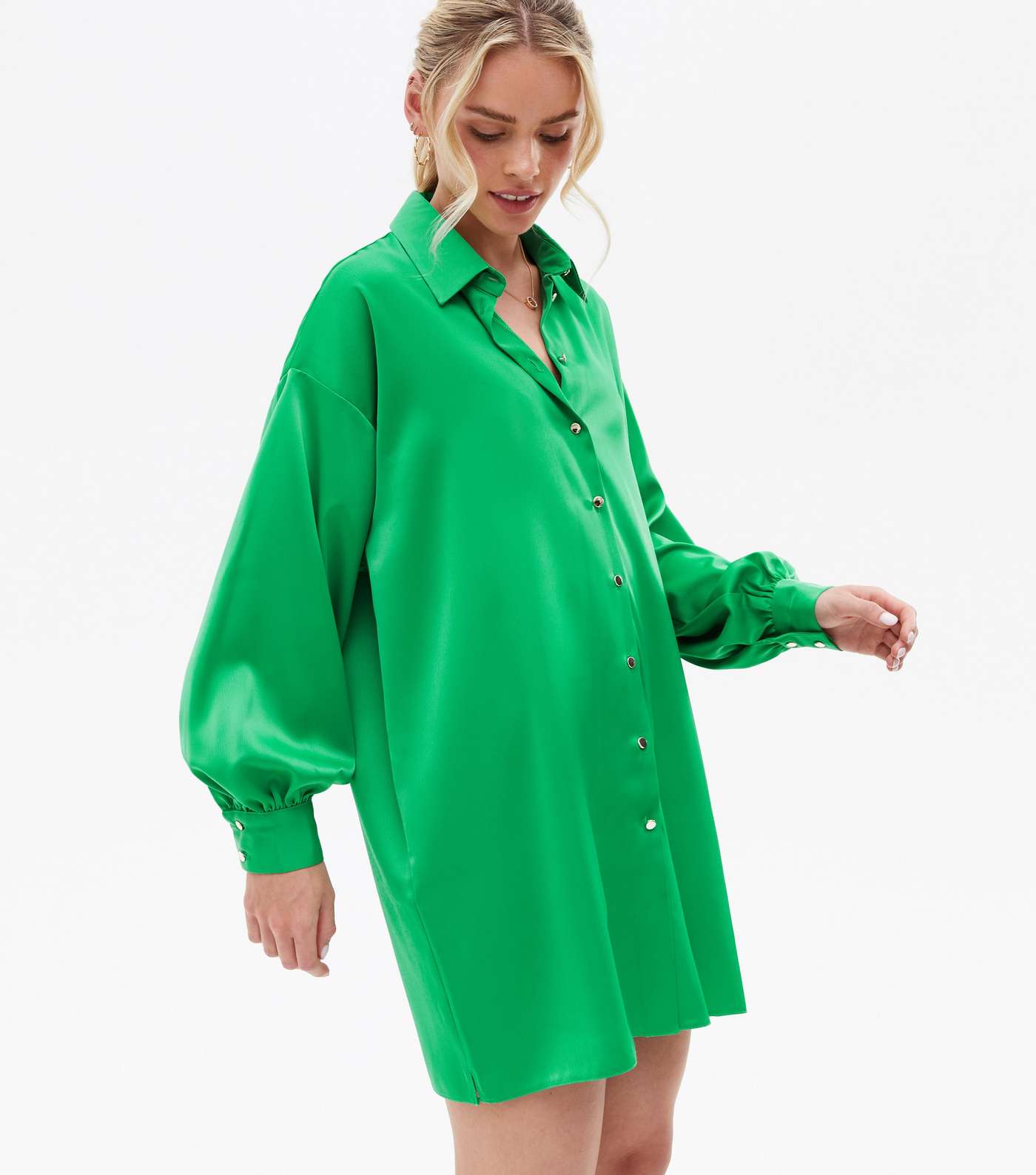 Petite Green Satin Oversized Mini Shirt Dress Image 2