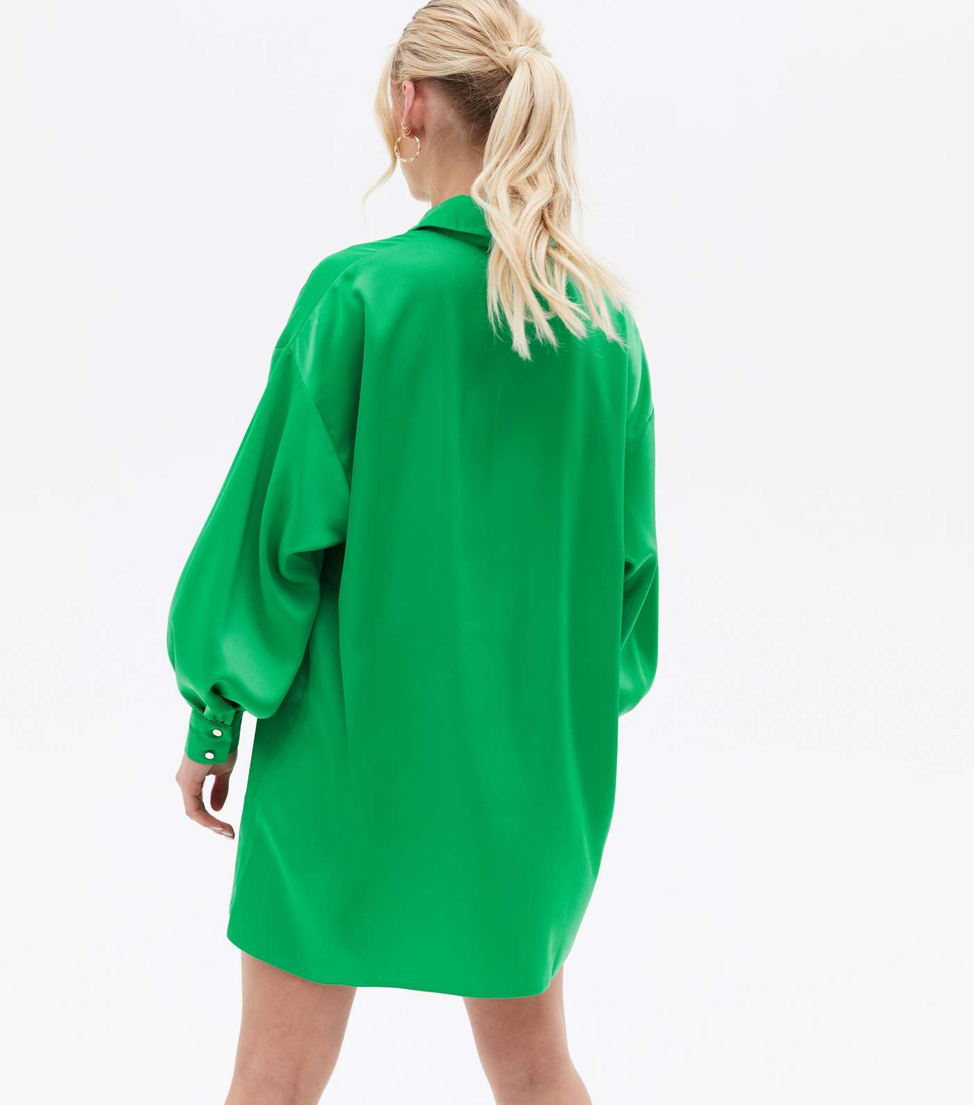 Petite Green Satin Oversized Mini Shirt Dress Image 4