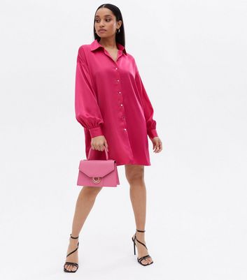 Petite Bright Pink Satin Oversized Mini Shirt Dress New Look