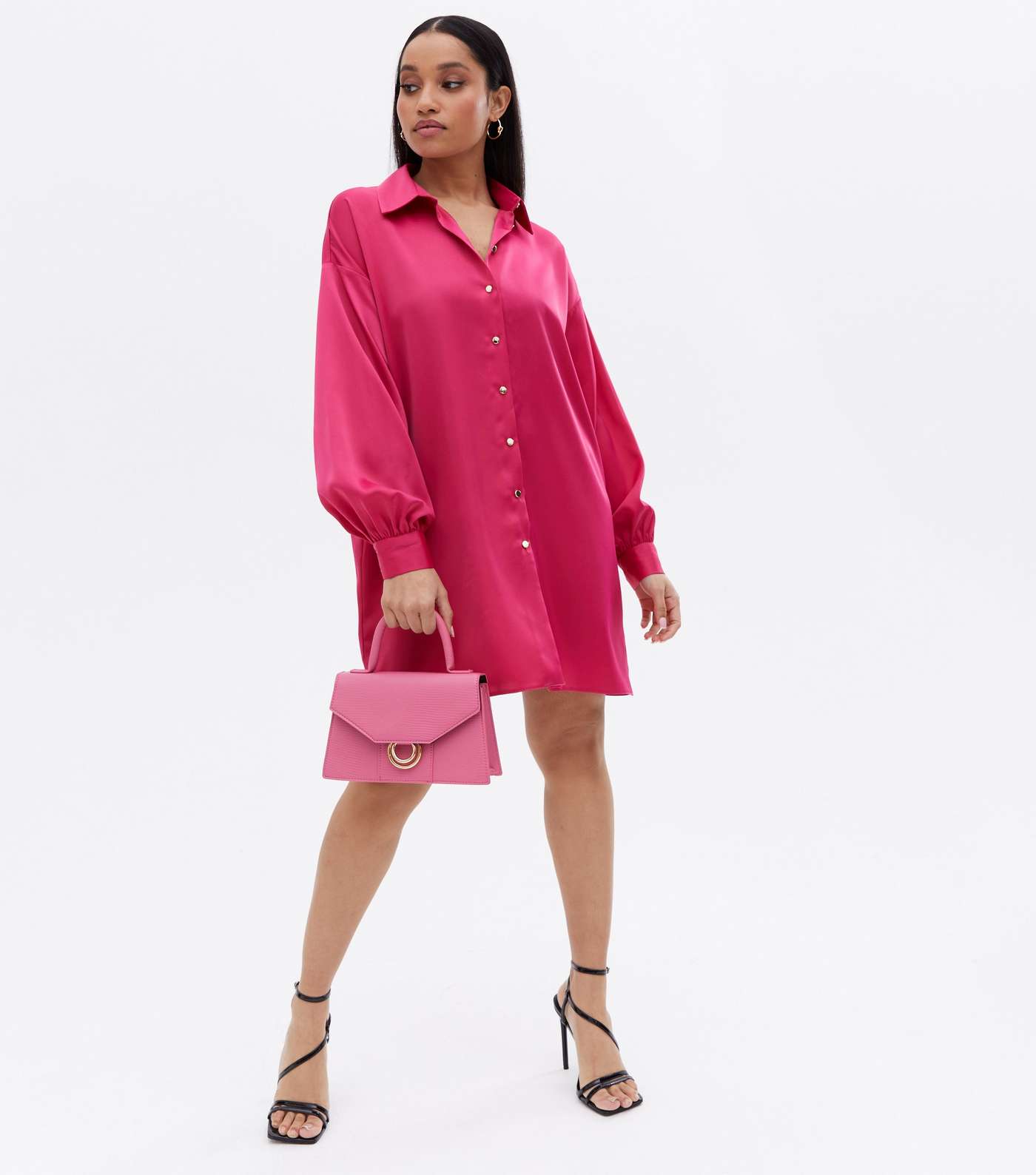 Petite Bright Pink Satin Oversized Mini Shirt Dress Image 2