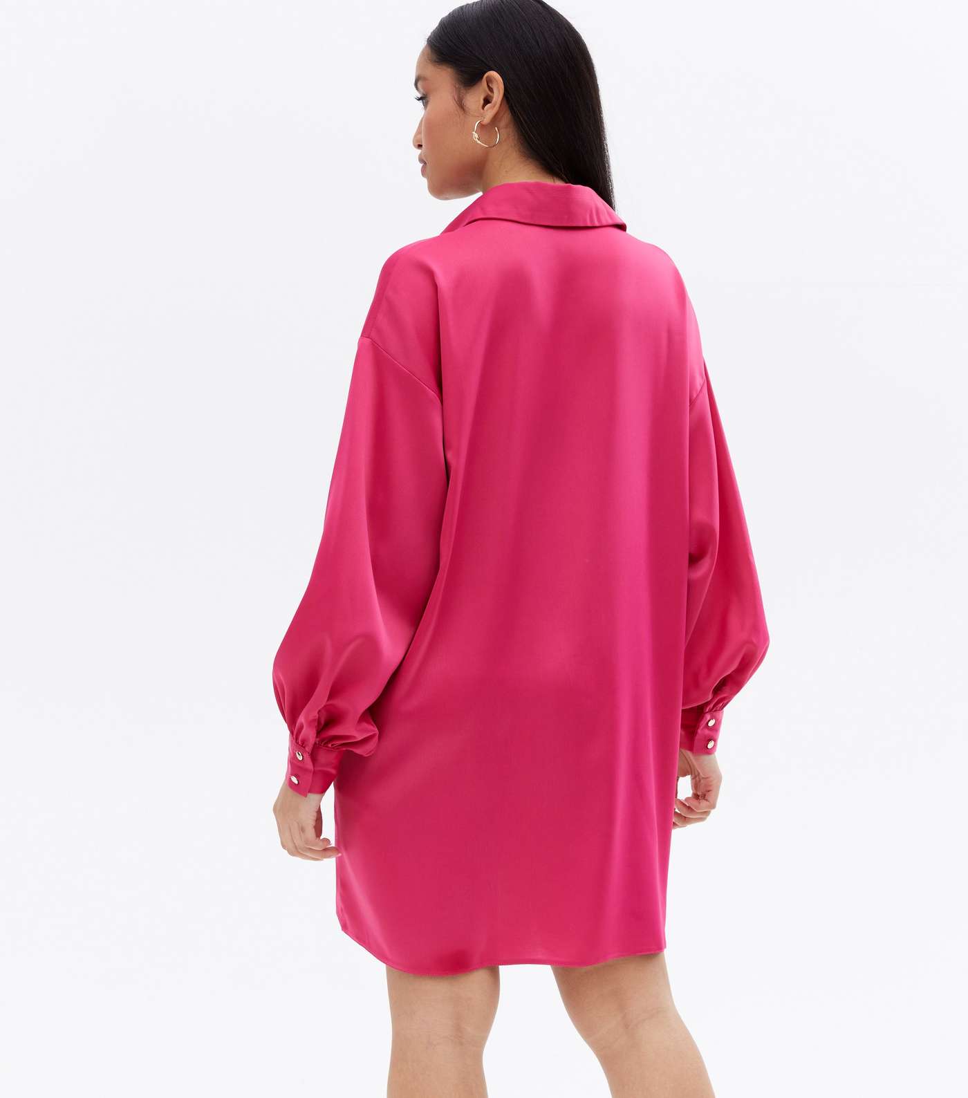 Petite Bright Pink Satin Oversized Mini Shirt Dress Image 4