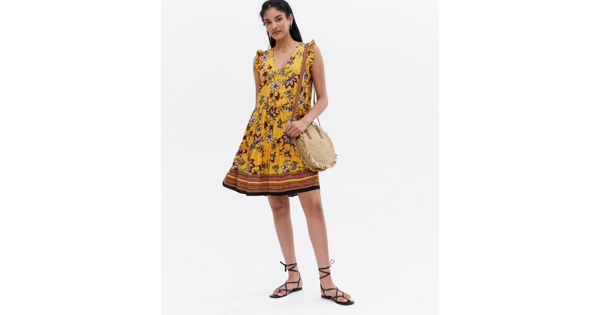 Yellow Floral Frill V Neck Mini Smock Dress | New Look