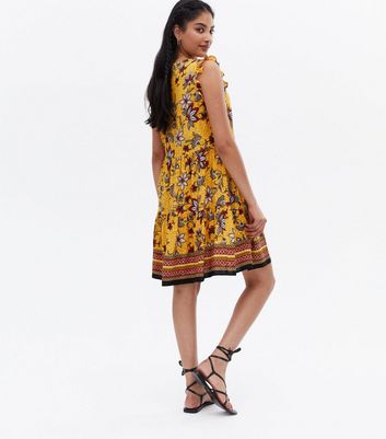 Yellow Floral Frill V Neck Mini Smock Dress New Look