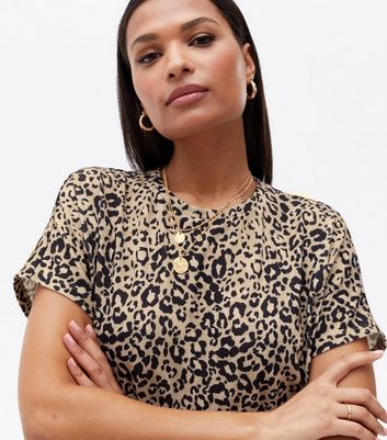 Damen Bekleidung Brown Leopard Print Fine Knit Asymmetric Long Top