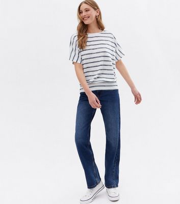 Blue Stripe Fine Knit Deep Hem Batwing Top New Look