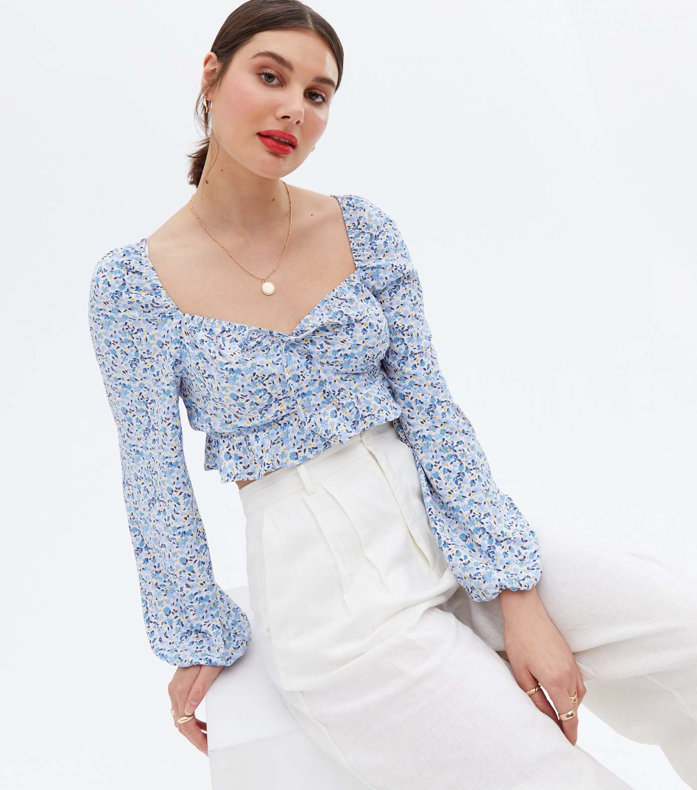 Blue Ditsy Floral Frill Tie Front Crop Top