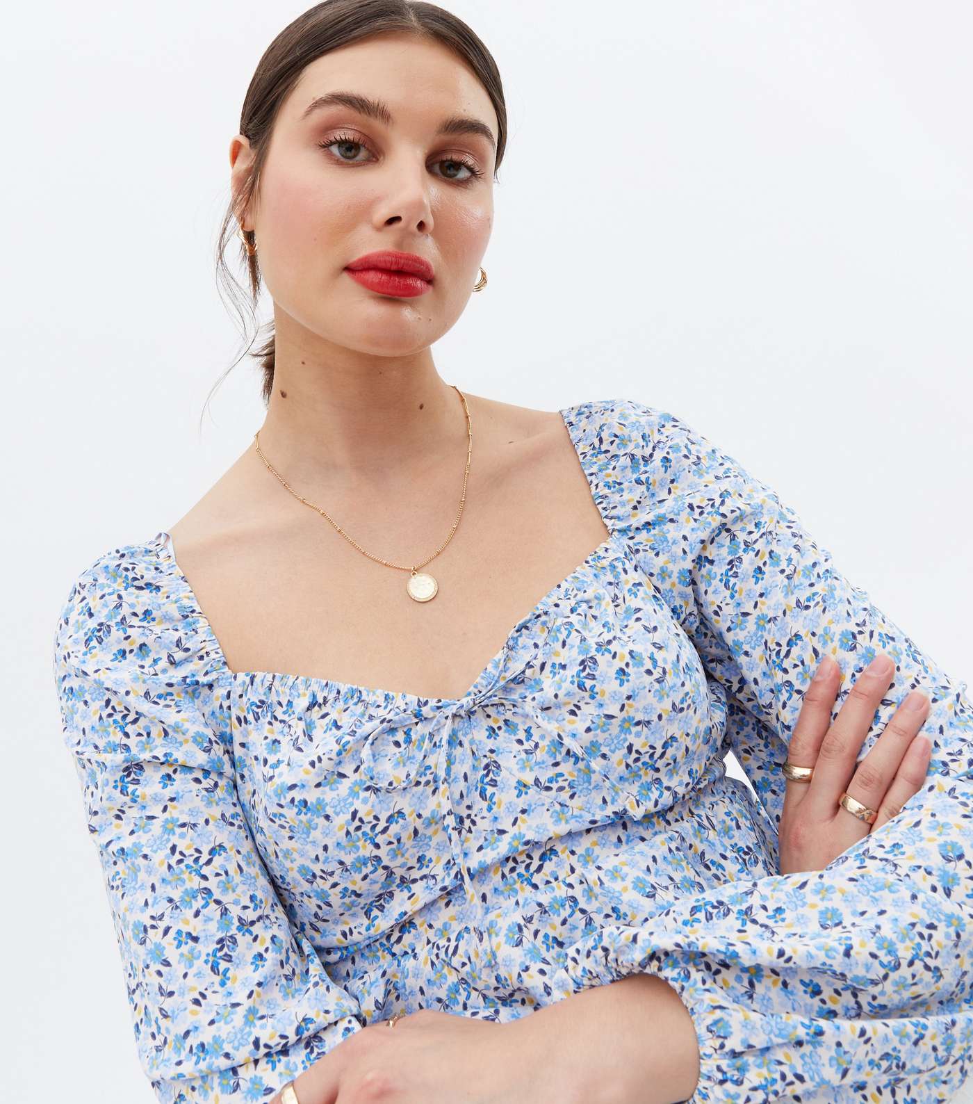 Blue Ditsy Floral Frill Tie Front Crop Top Image 3