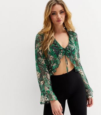 Green Butterfly Chiffon Frill Tie Front Top | New Look