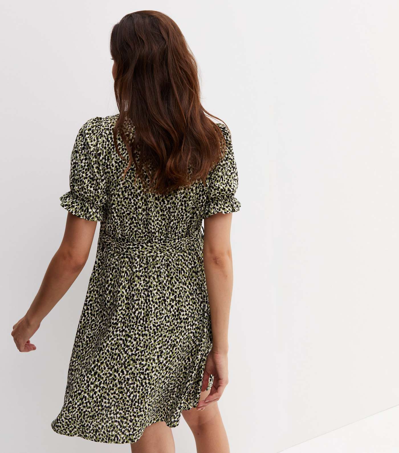 Maternity Green Leopard Print Frill Mini Shirt Dress Image 4