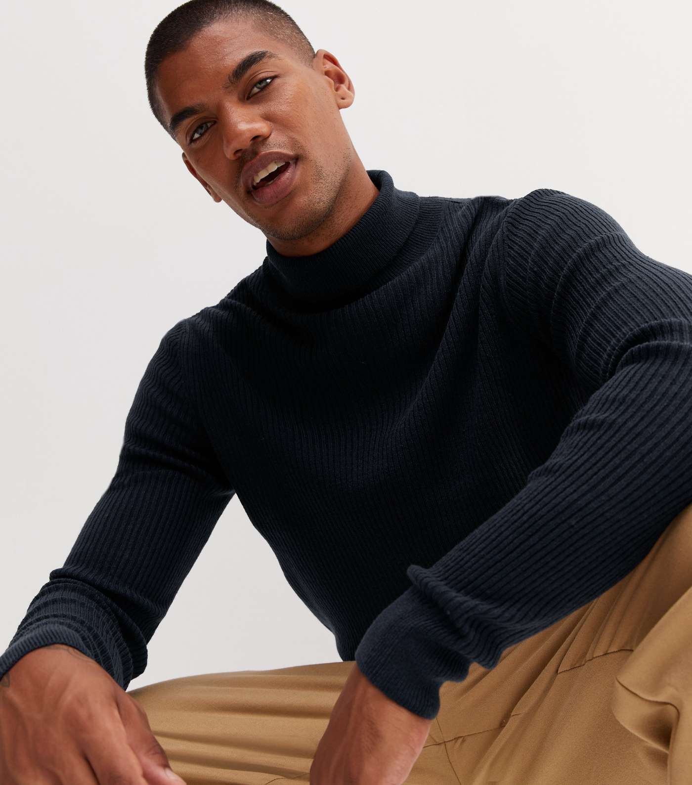 Navy Ribbed Fine Knit Muscle Fit Roll Neck Top Image 3