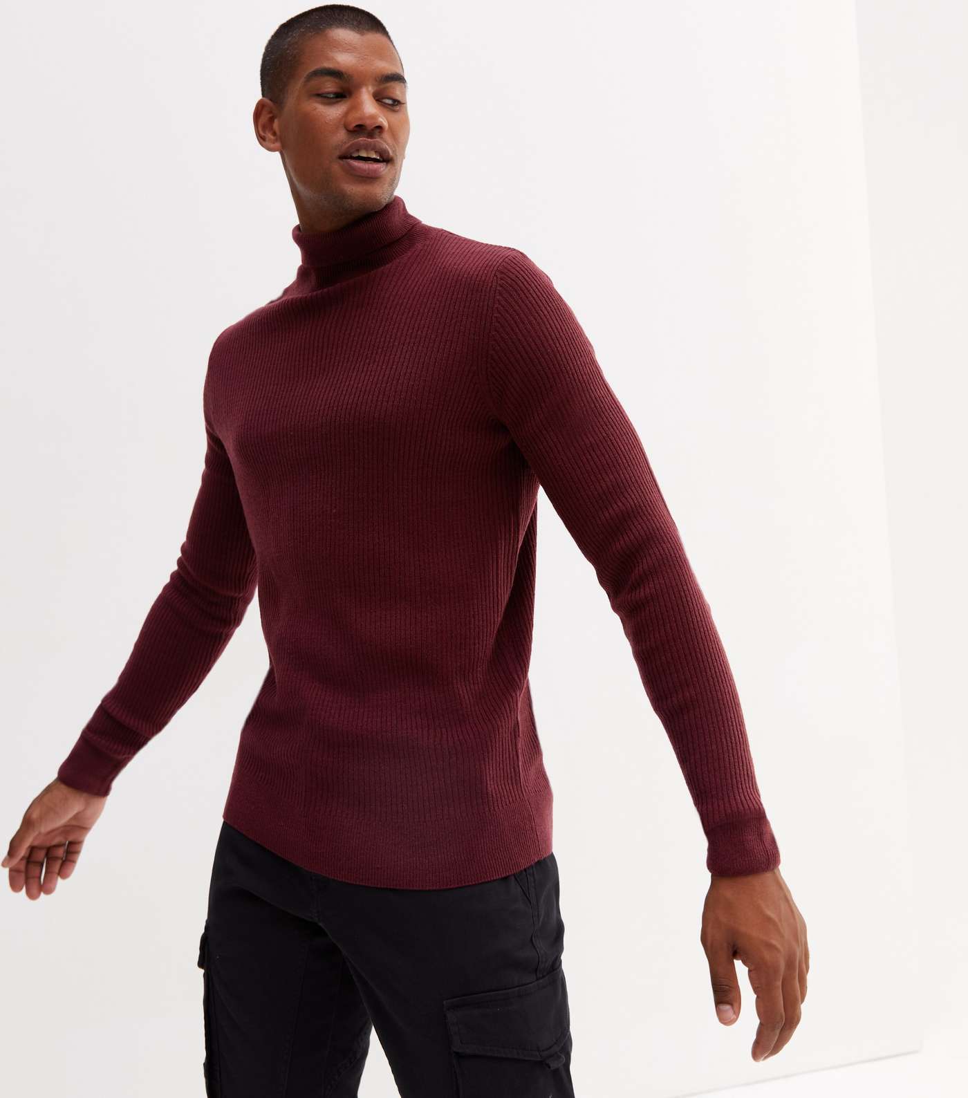 Burgundy Ribbed Fine Knit Muscle Fit Roll Neck Top Image 2